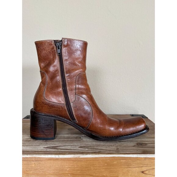 90s Vintage VIC MATIE Brown Leather Square Toe Block Heeled Ankle Boots Size 6.5 - Picture 6 of 14